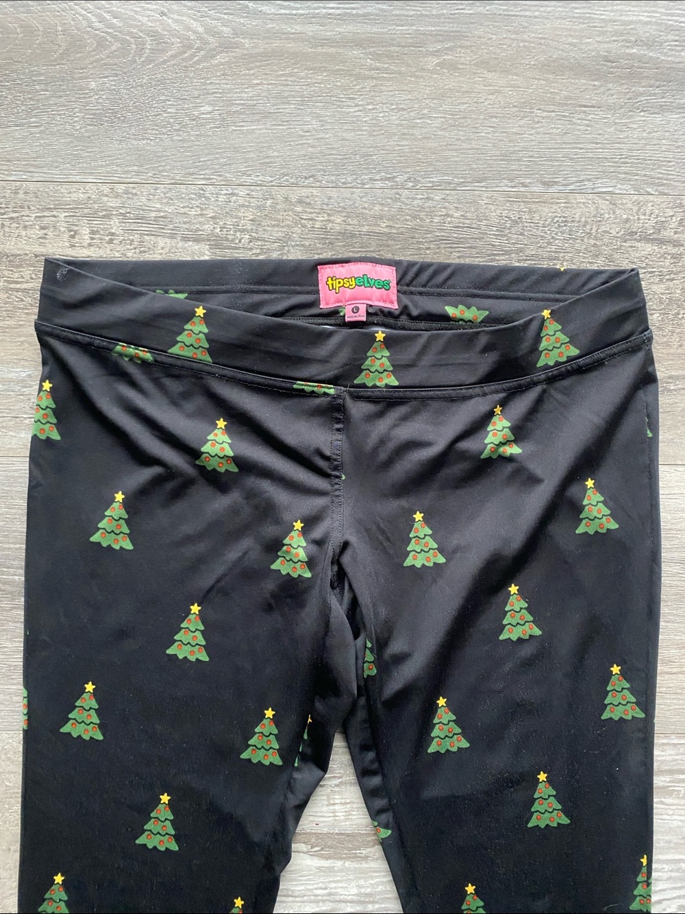Tipsy Elves Black Leggings with Green Christmas Tree Print Womens Sz Large Black - Picture 2 of 6